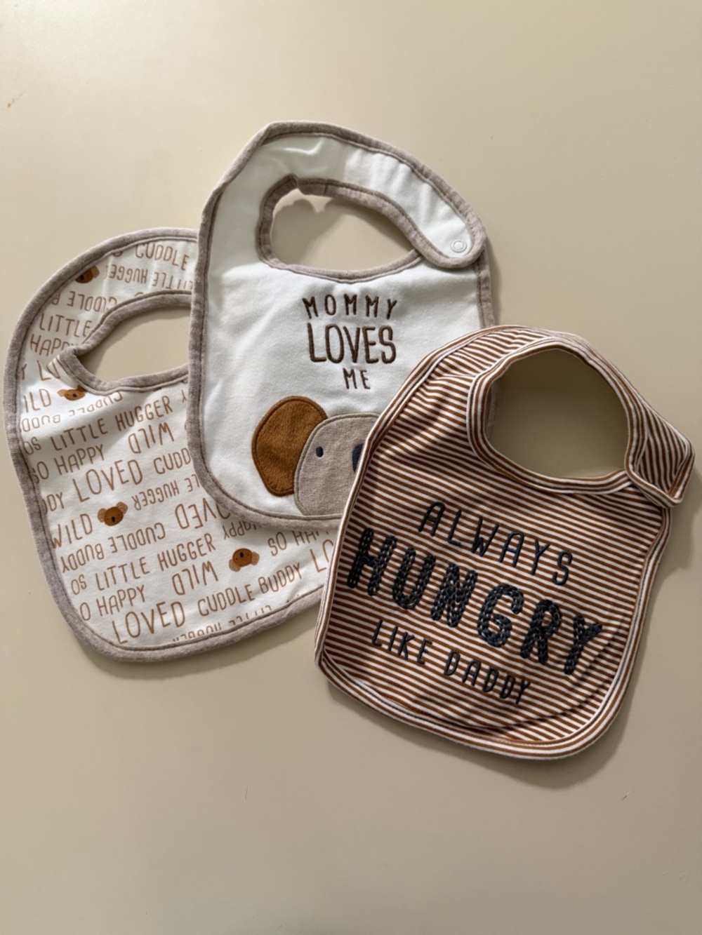 Neutral Brown & White Baby Bib Set - 'Mommy Loves Me' & 'Always Hungry like dad”